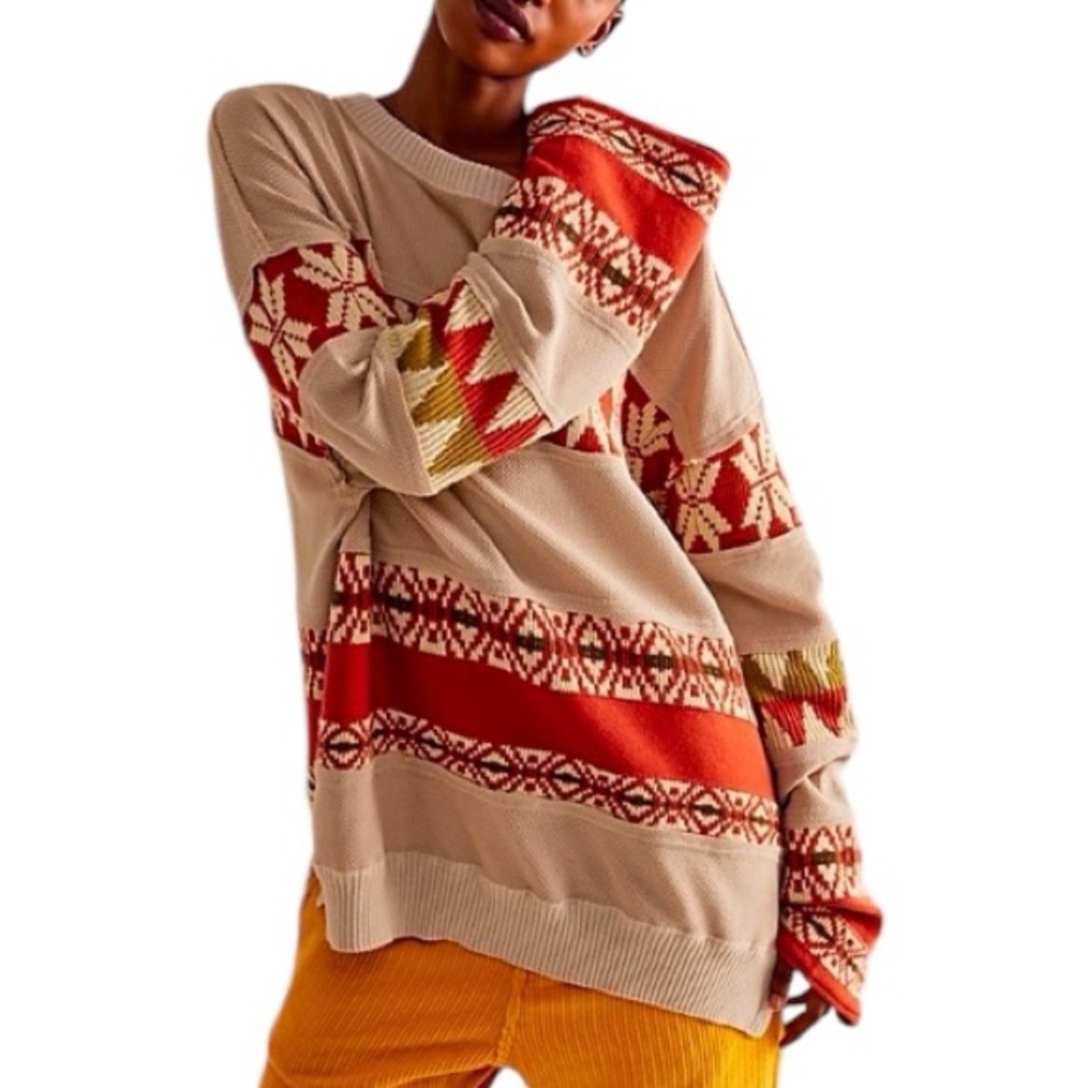 We The Free People Ski Holiday Snowflake Swit Oversized Waffle Knit Thermal | L
